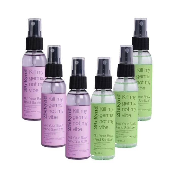 2Bekynd Hand Sanitizer (59ml Each) 3 Peppermint Fresh & 3 Soothing Lavender