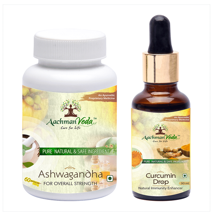 Aachman Veda Ashwagandha Capsule with Aachman Veda Curcumin Drop 30ml Free