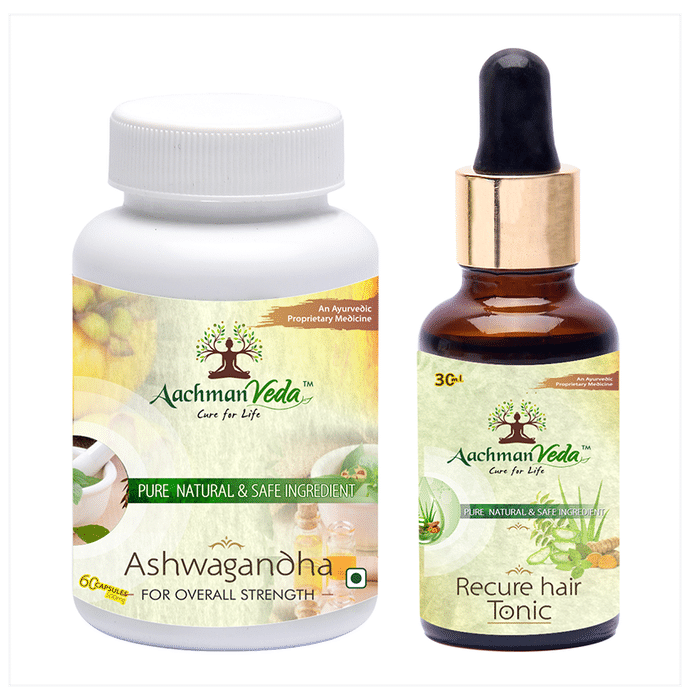 Aachman Veda Ashwagandha Capsule with Aachman Veda Recure Hair Tonic 30ml Free