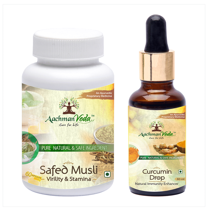 Aachman Veda Safed Musli Virility & Stamina Capsule with Aachman Veda Curcumin Drop 30ml Free