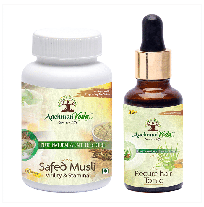 Aachman Veda Safed Musli Virility & Stamina Capsule with Aachman Veda Recure Hair Tonic 30ml Free