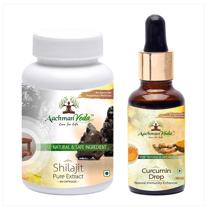 Aachman Veda Shilajit Pure Extract Capsule with Aachman Veda Curcumin Drop 30ml Free